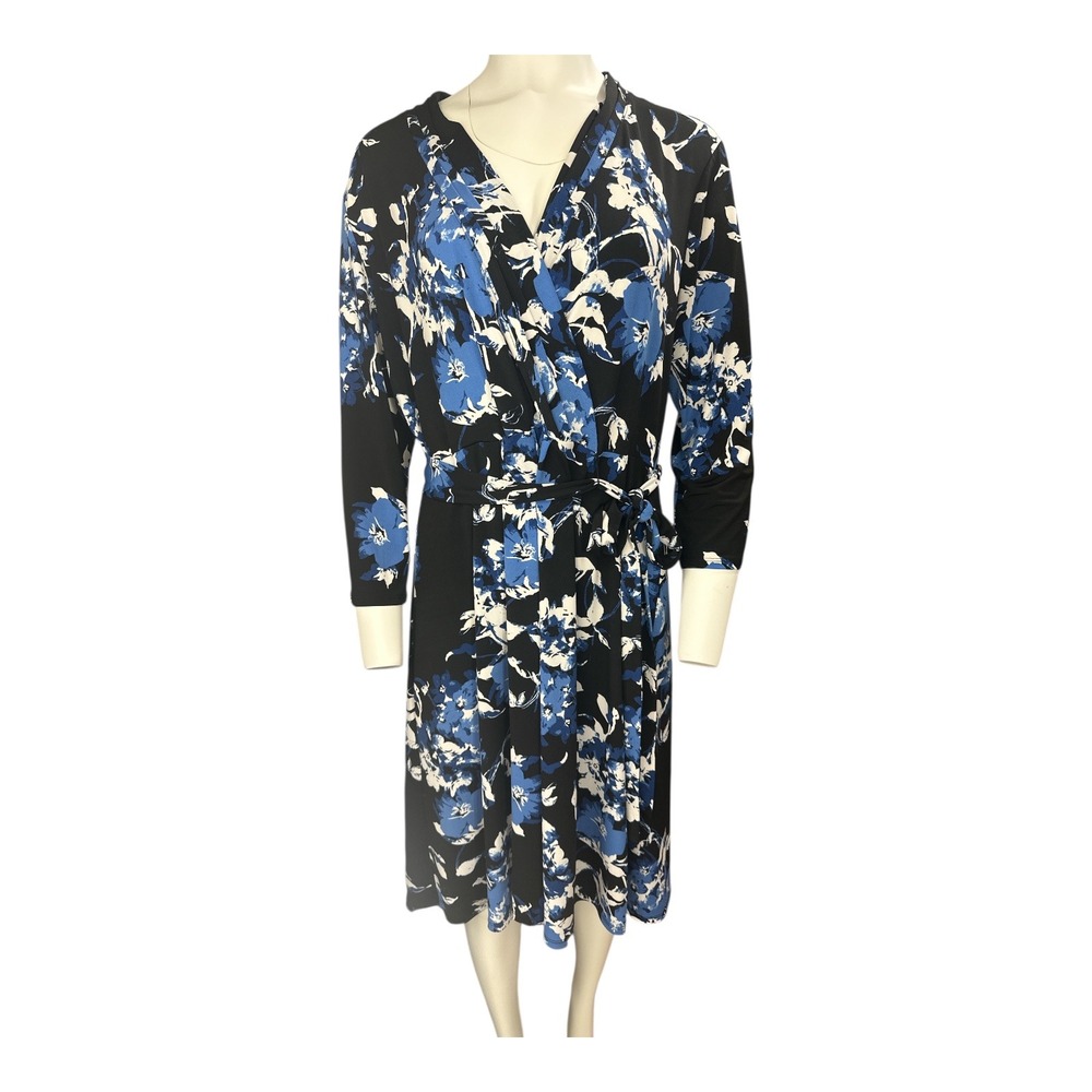 Liz Claiborne Wrap Dress Floral Blue White Black 3/4 Sleeve Knee Length
